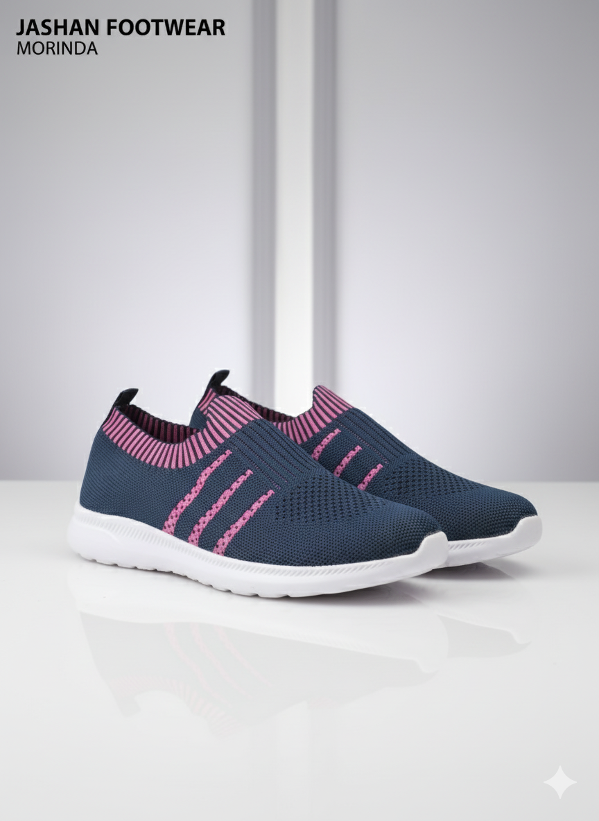 Women's Lightweight Slip-On Knit Running Shoes | Navy Blue & Hot Pink - JUST ₹299